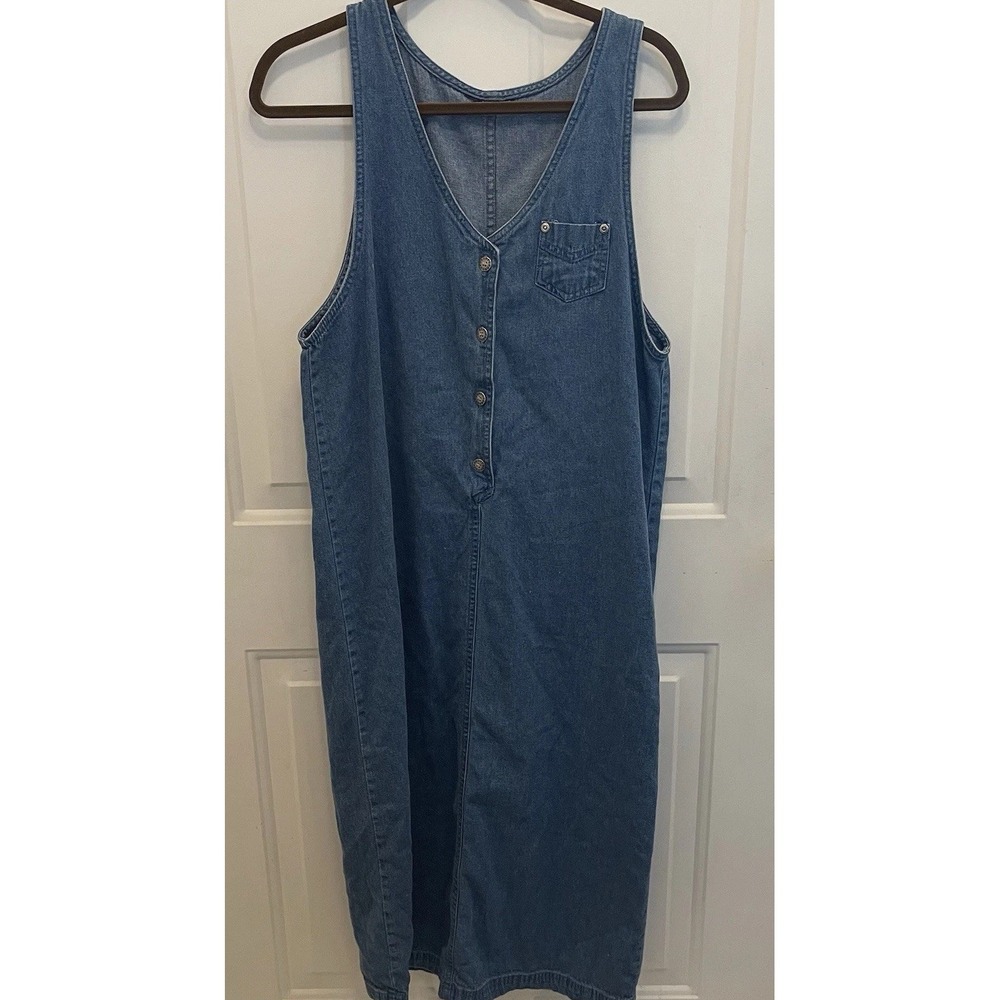 Vintage Denim Button Front‎ Sleeveless Maxi Dress Jumper Blue Cottage Coastal